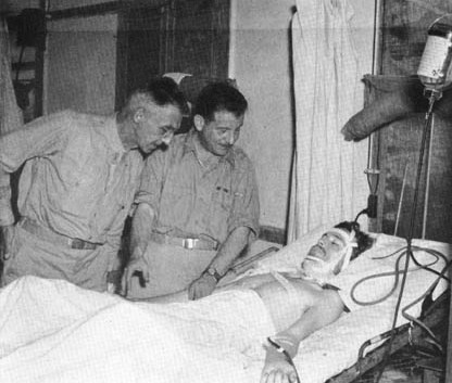  General Stilwell and Dr. Ravdin visit wounded soldier 